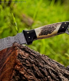 Ergonomic Sambar Stag Handle Knife detail with Buffalo Horn Bolsters.