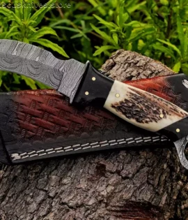 Hand Forged Damascus Hawkbill Knife with Sambar Stag Handle and Cowhide Sheath.